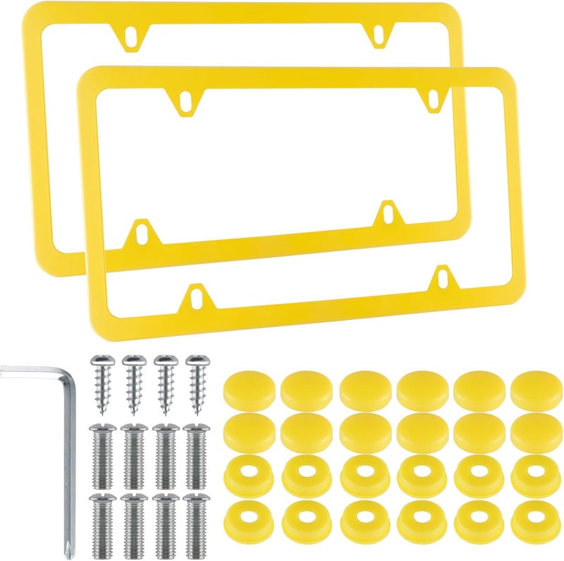 alpmosn 2PCS Stainless Steel License Plate Frames, 4 Holes Car Licence Plate Covers with Screws Washers and Caps, Car Exterior Accessories, License Plate Holder for US Vehicles (Yellow) - Image 1